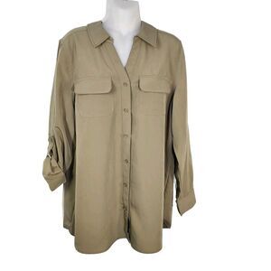 Denim & Co. Tunic Top Medium Roll Tab Sleeve Button Soft Utility A227885 Olive